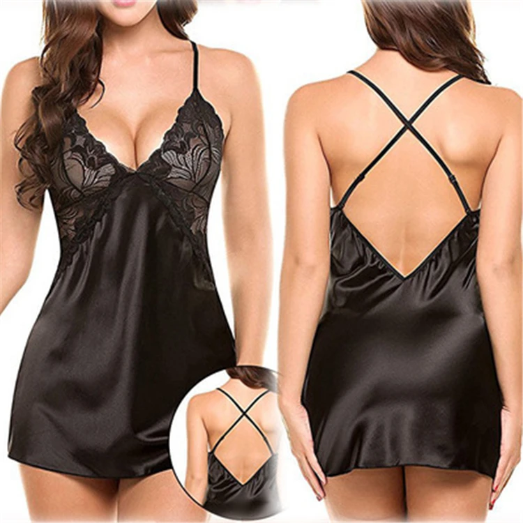 new fashion european and american sexy  ice silk back cross strap nightdress sexy set pajamas for women