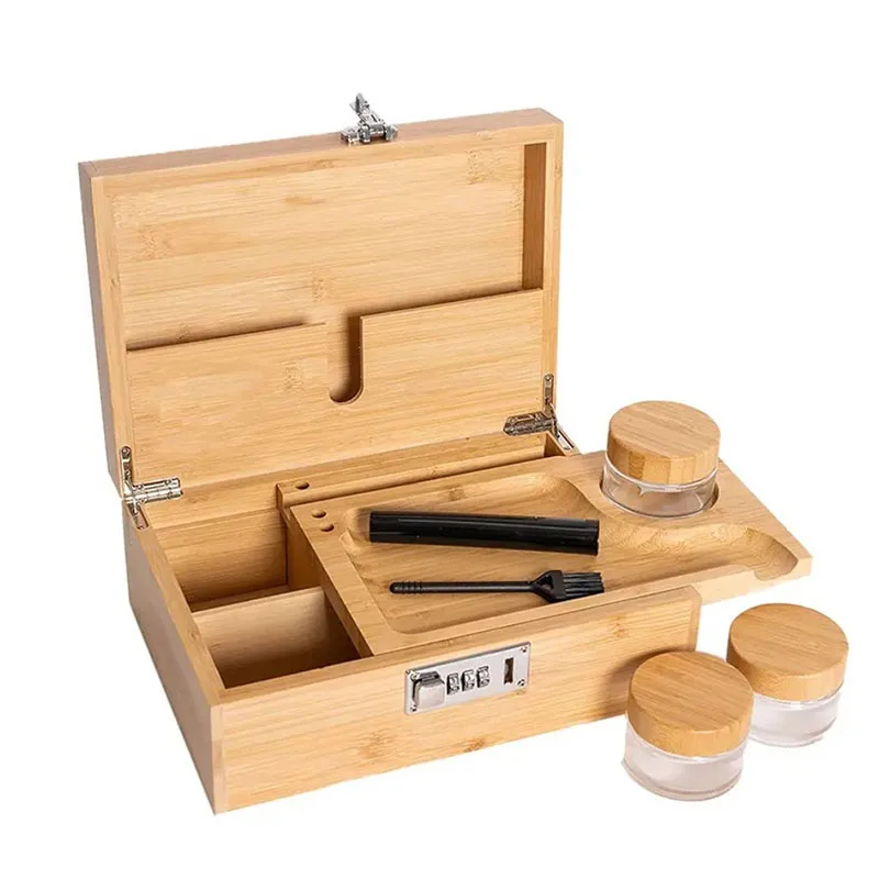 Customize Bamboo Smoking Accessories Wooden Rolling Tray Smell Proof Storage Herb Bamboo Stash Box with Lock Combo Kit