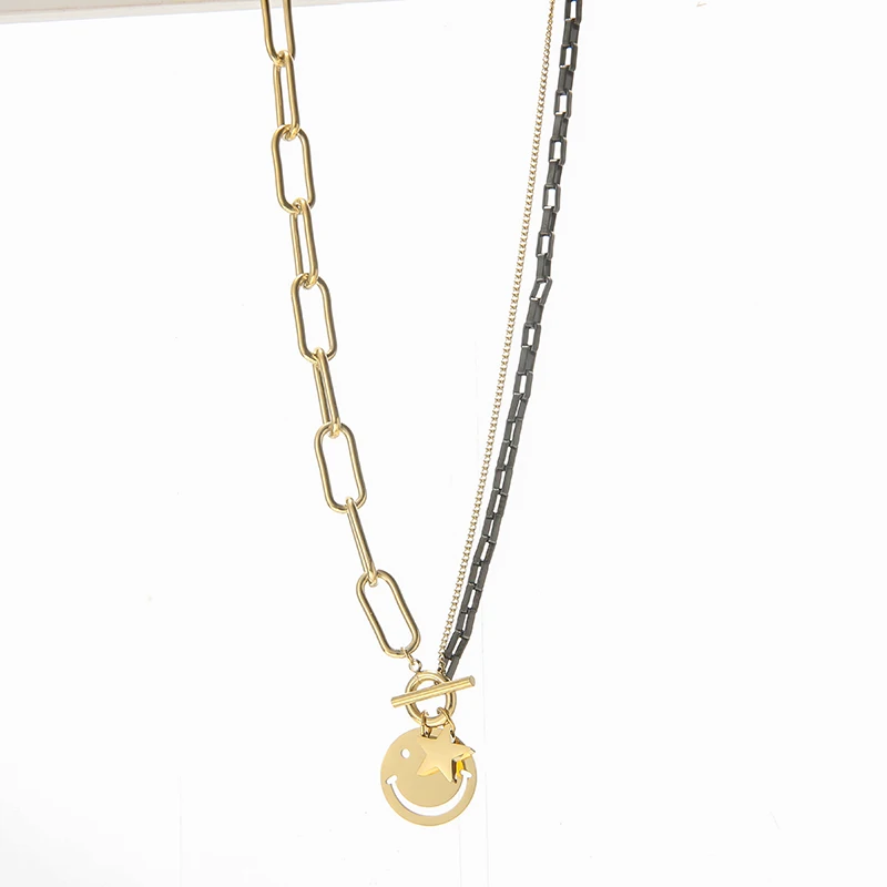 Newest Trendy Stainless Steel Gold Plated Star Pendant Double Layer Smile Face Necklace For Women