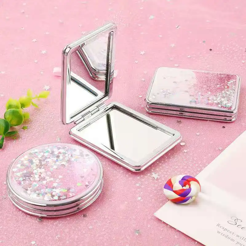 Custom Logo Mini Small Quicksand Mirror 5 Colors Round Square Glitter Pocket Makeup Mirror