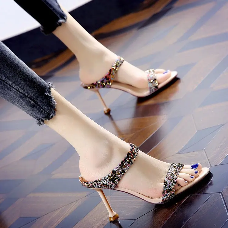 2025 hot sale rubber women shoe with rhinestone peep toe fashion stiletto PU ladies high heel slipper for women summer new style