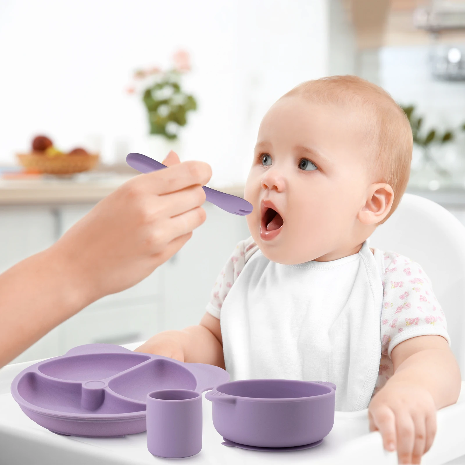 BPA Free Food Grade Silicone Baby Feeding Sets, Soft Spoon and Fork with Pacifier BPA-Free Bib/Plate/Bowl