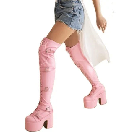 Customized Luxury Sexy nightclubs  round head  high boots in pole dancing  belt buckle platform chunky knee-high boots boots