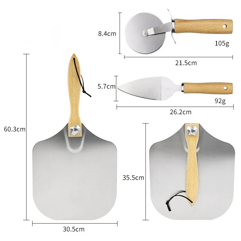  3Pcs Aluminum Pizza Peel Set With Wooden Handle Cutter Stone