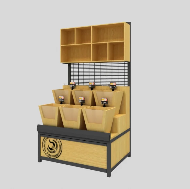 Custom grain display shelf bulk goods stand stainless steel wooden display rack with basket