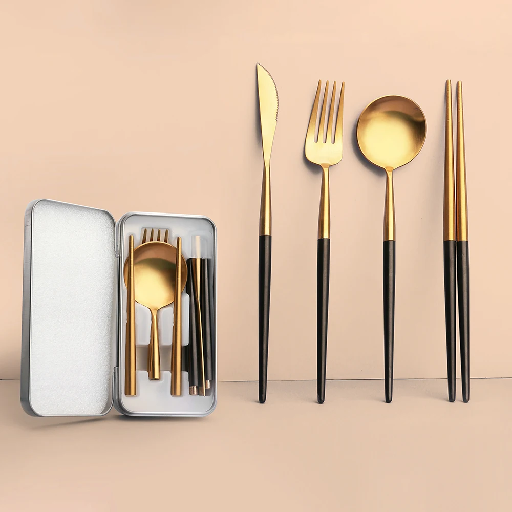 Traveling 3/4 pcs Portable Folding Camping Pocket 18/8 Silverware 304 Stainless Steel Travel Cutlery Set with Case