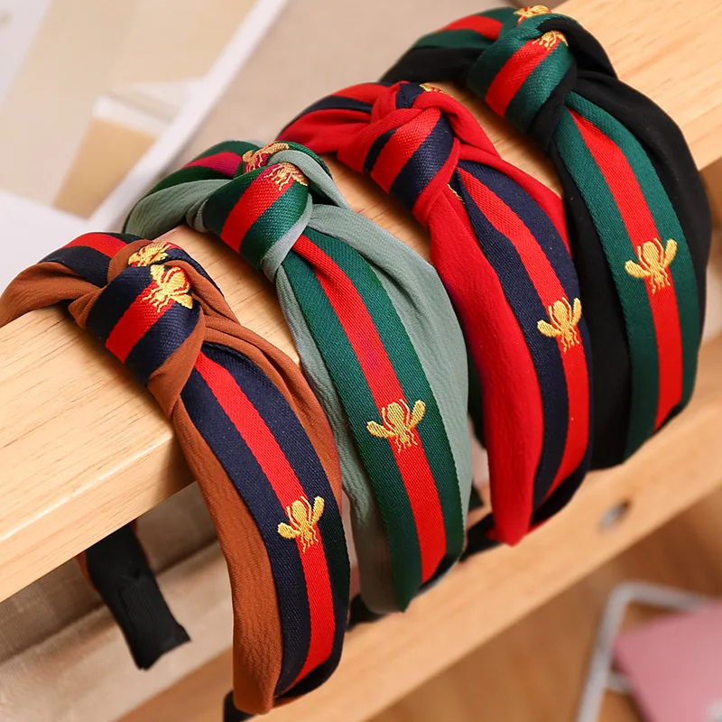 Little Bee Headband Colorful Stripe Weaving Band Wide Edge Girl Hair Ornament with Crossed Ties in the Center