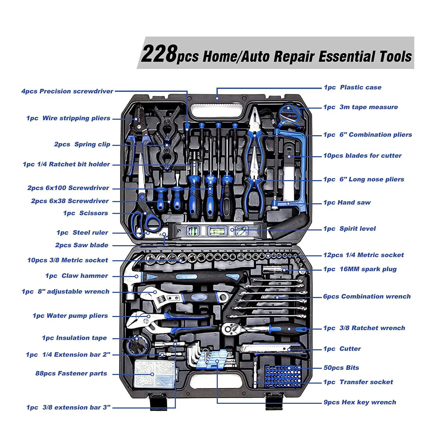 Popular 228PCS Household Hand Tool Kit Box Set Hardware Tools Socket Professional Home Repairing Use Sets