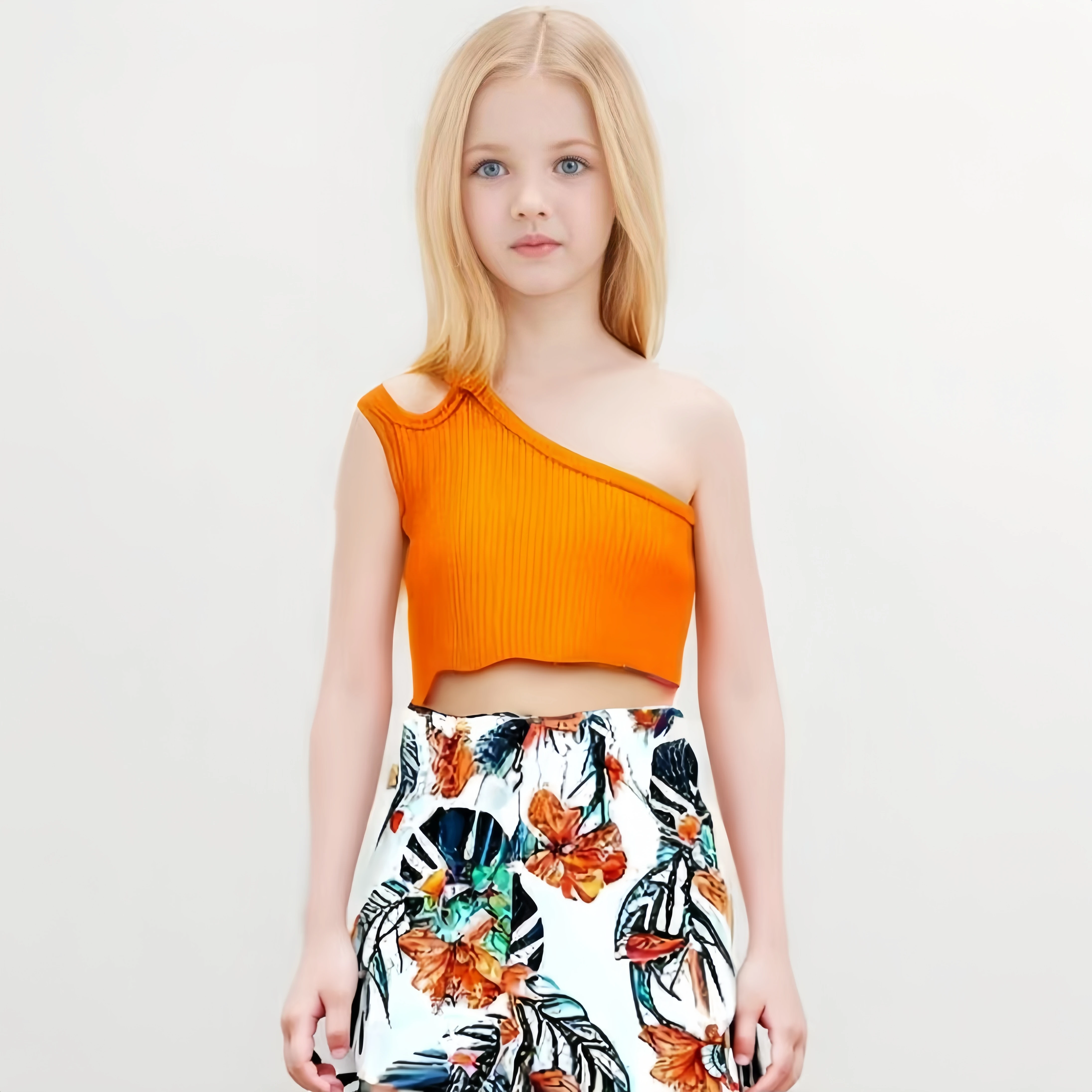 OEM ODM OBM Girls Fashion Top Printed Orange 2 Piece Girls Clothing Sets 8 to 9 years old