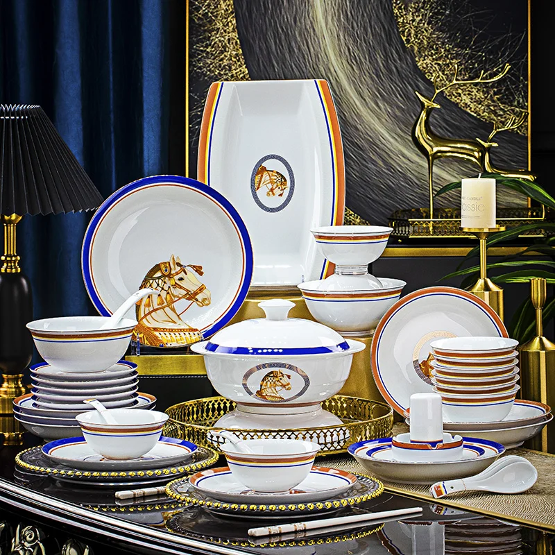 Jingdezhen Yaoshuai High-Grade White Porcelain Dinnerware Sets-Five-Horse Map Series 58 Pieces Ceramic Tableware Wholesale