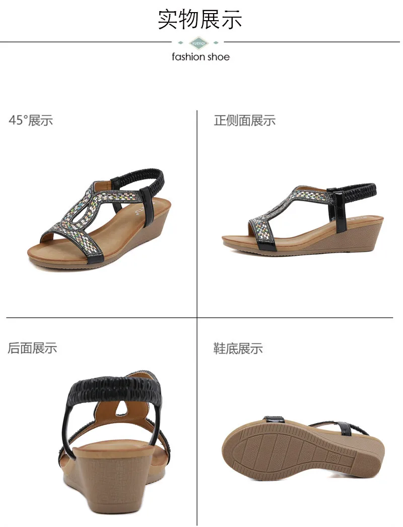 New Style Open Toe Round Bohemian Sandals Casual Rhinestone Hollow Out Ladies Platform Wedge Sandals