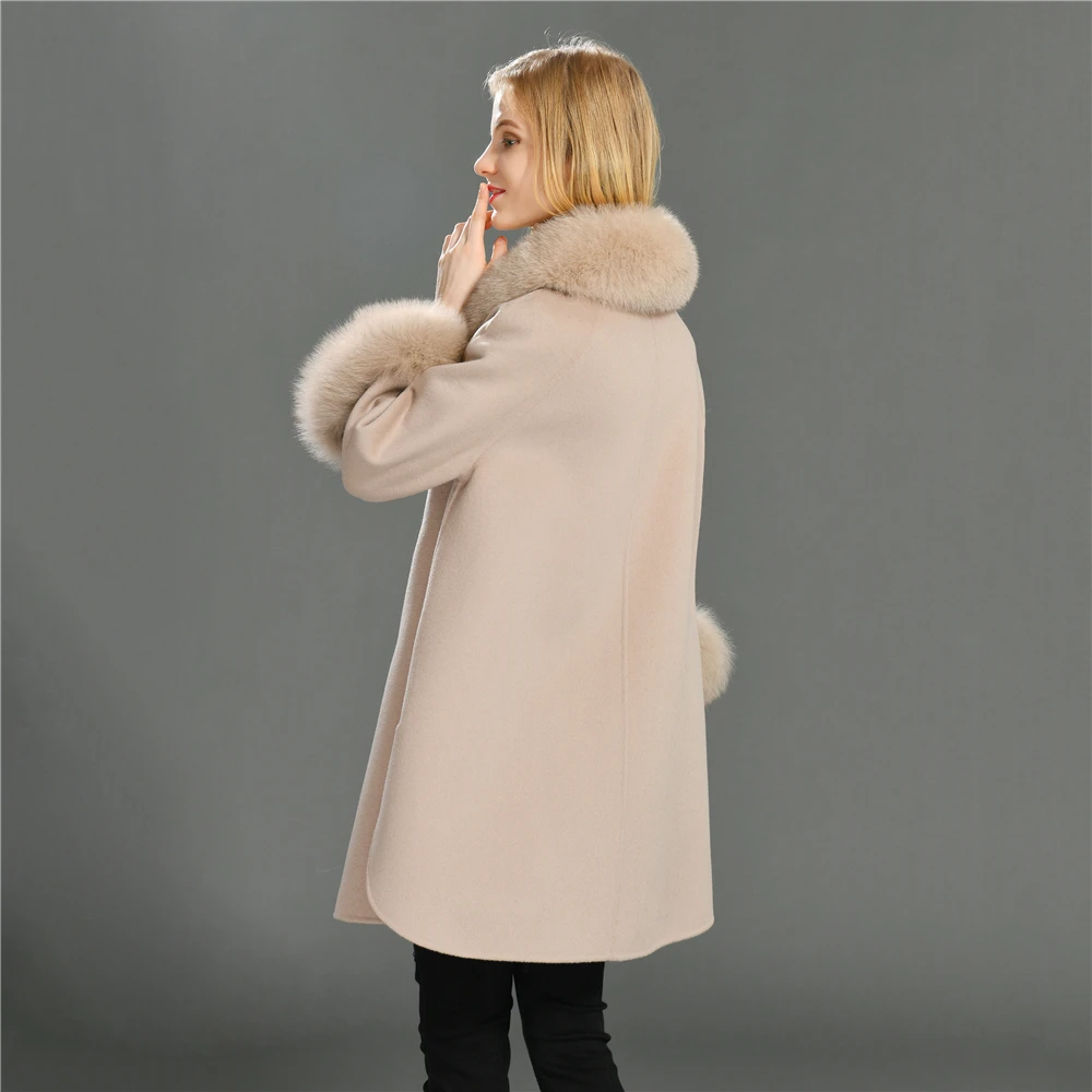 OEM Service Wholesale Popular Custom Horn Button Fox Fur Collar And Cuffs Ladies Long Cashmere Wool Coat Fur