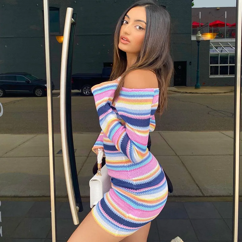 Women Knitted colorful striped handmade crochet dress with long sleeves maxi women summer beach dresses