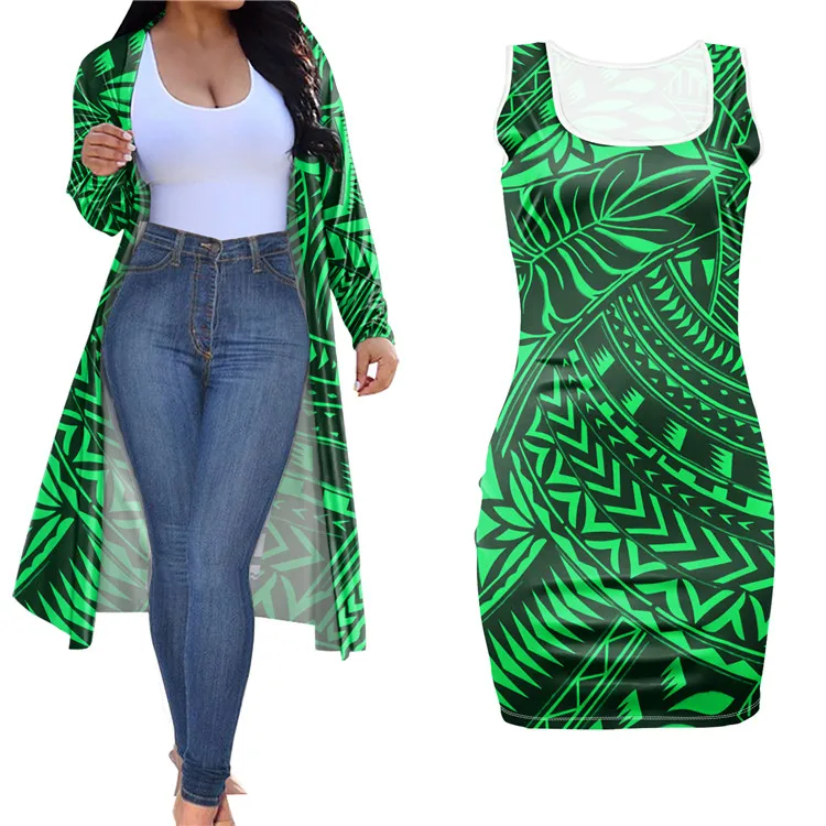 Newest Women Set Tribal Polynesian Custom Print 2 Piece Set Outfit Women Clothing Short Bodycon Dress With Long Coat Plus Size
