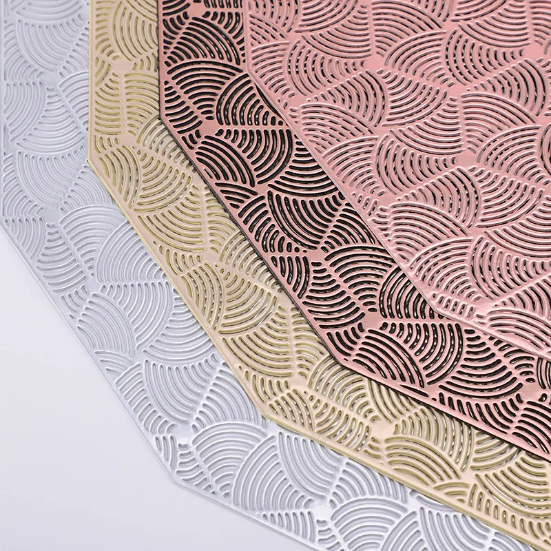 Wholesale new products hexagon shape round gold and silver green pvc round placemat
