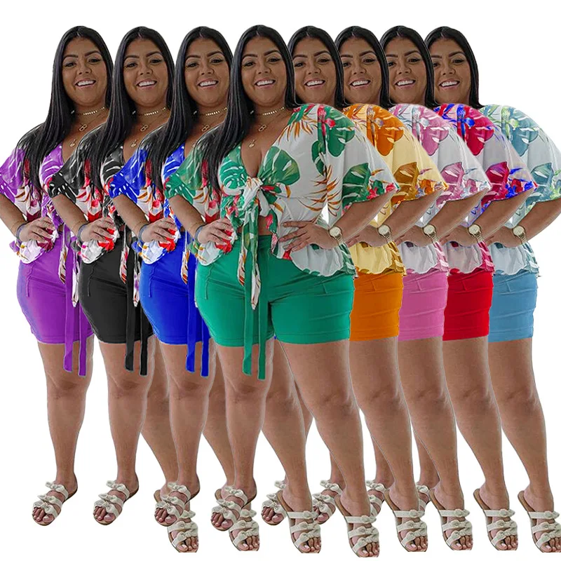 Hot Selling Designer Summer Plus Size Sets Fat Woman Plus Size Tshirt and Shorts Set Clothing