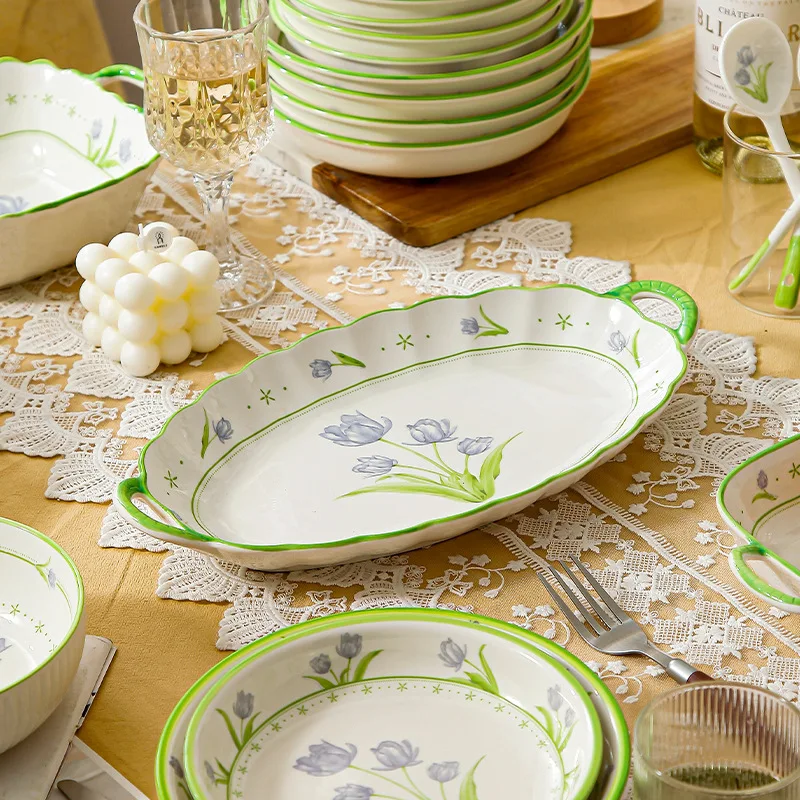 Home Kitchen Tableware Pale Green Flowers Printed Ceramic Bowls Plates And Soup Pot Set For Gift