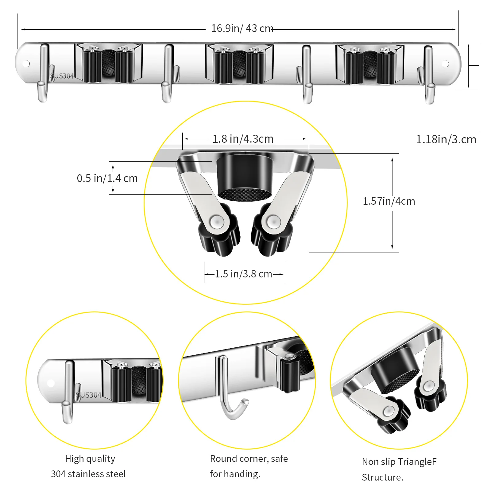 Broom Holder Wall Mount Broom Tool Holder Stainless Steel for Home Kitchen Bathroom Garage Garden
