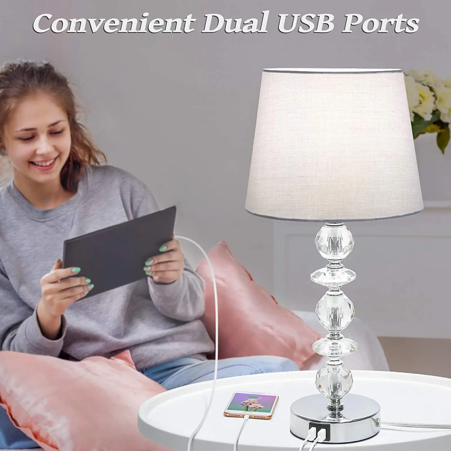 Touch Control Crystal Table Lamp with Dual USB Ports Modern Bedside Light Gray