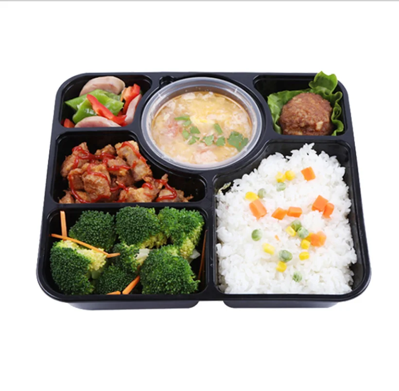 Eco Friendly 5+1 2000ml Disposable Takeaway leakproof Packing Black Compartment Plastic Food Container With Lids Soup Bowl