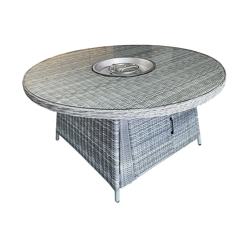 Luxury Wicker Rattan Patio Garden Furniture Set Outdoor 6 Seat Dining Set With Round Fire pit Table With Glass Top With Cushion
