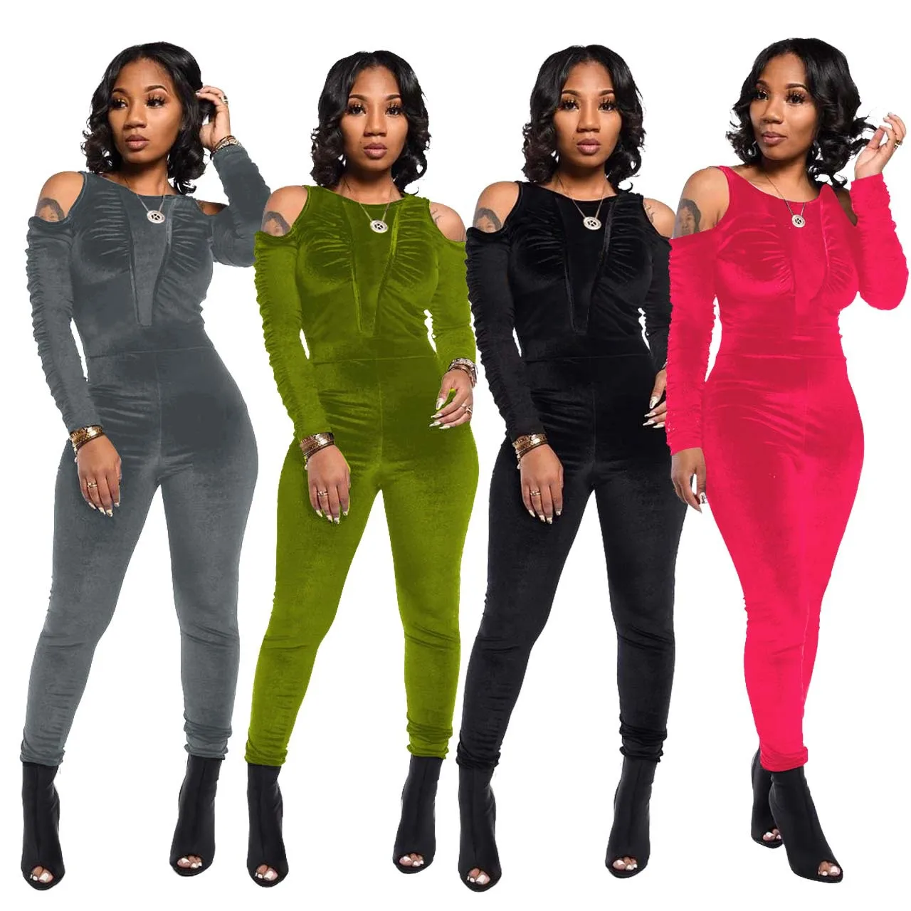 2021 fall ladies elegant Solid color Slim skinny velvet off shoulder pleated rompers 1 one piece jumpsuits bodysuit for women