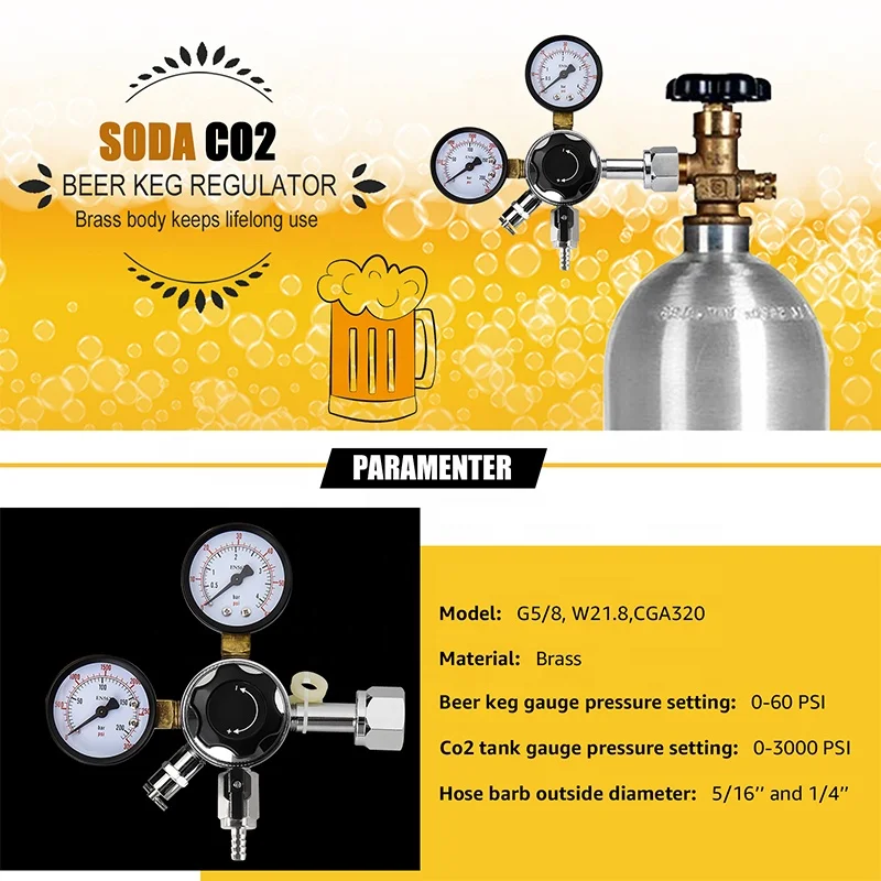 CO2 Kegerator Regulator with Pressure Adjustment Knob Beer Regulator with Safety Manual Pressure Relief Valve For Beer/Beverage