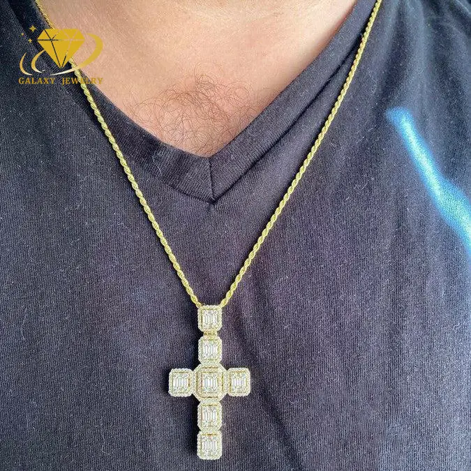 Hip Hop Jewelry White Gold Plated Jesus Cross Pendant Silver Baguette Vvs Moissanite Cross Pendants Gold Cross Pendant For Men