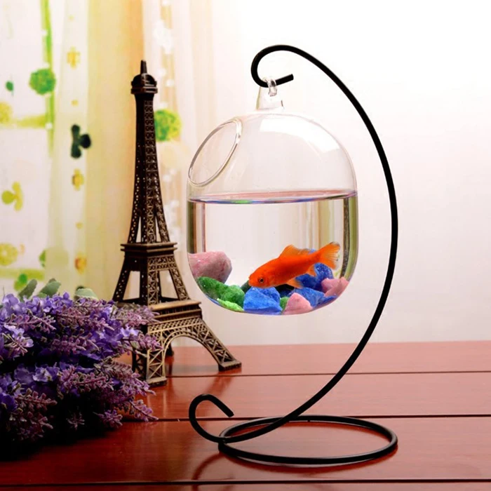 Long Gourd Glass Vase And Fish Bowl With Ring Hanging on Iron Stand Interesting Fish Jar for Mini Gold Fish