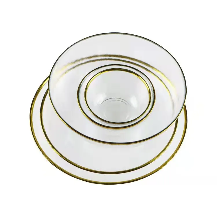 Handmade Cheap Round Clear Dinner Plates Sets Dinnerware for Restaurant Glass Charger Plates Gold Rim Glass Plates