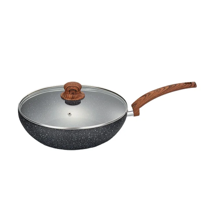 Pressed Aluminum Wok With Wooden Design Bakelite Handle And Glass Lid Marble Nonstick Coating Stir Fry Pan For Induction Cooker