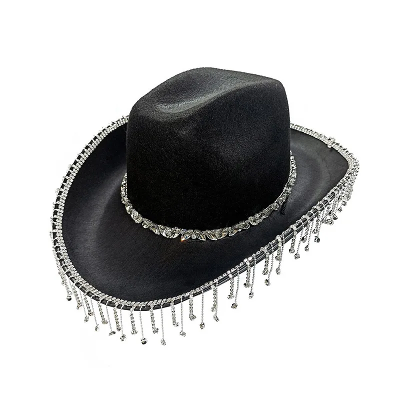 Q30435 Dress up Photo Props Wide Brim Western Hat Glitter Bling Diamond Fringe Cowgirl Hat
