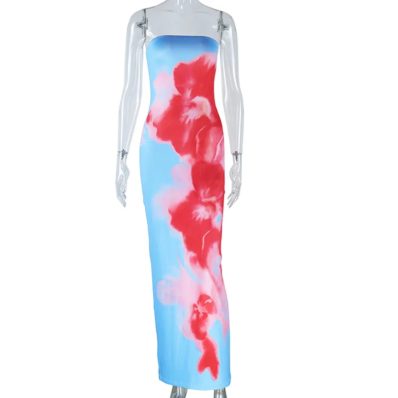 FS14434D women sleeveless strapless print maxi dress