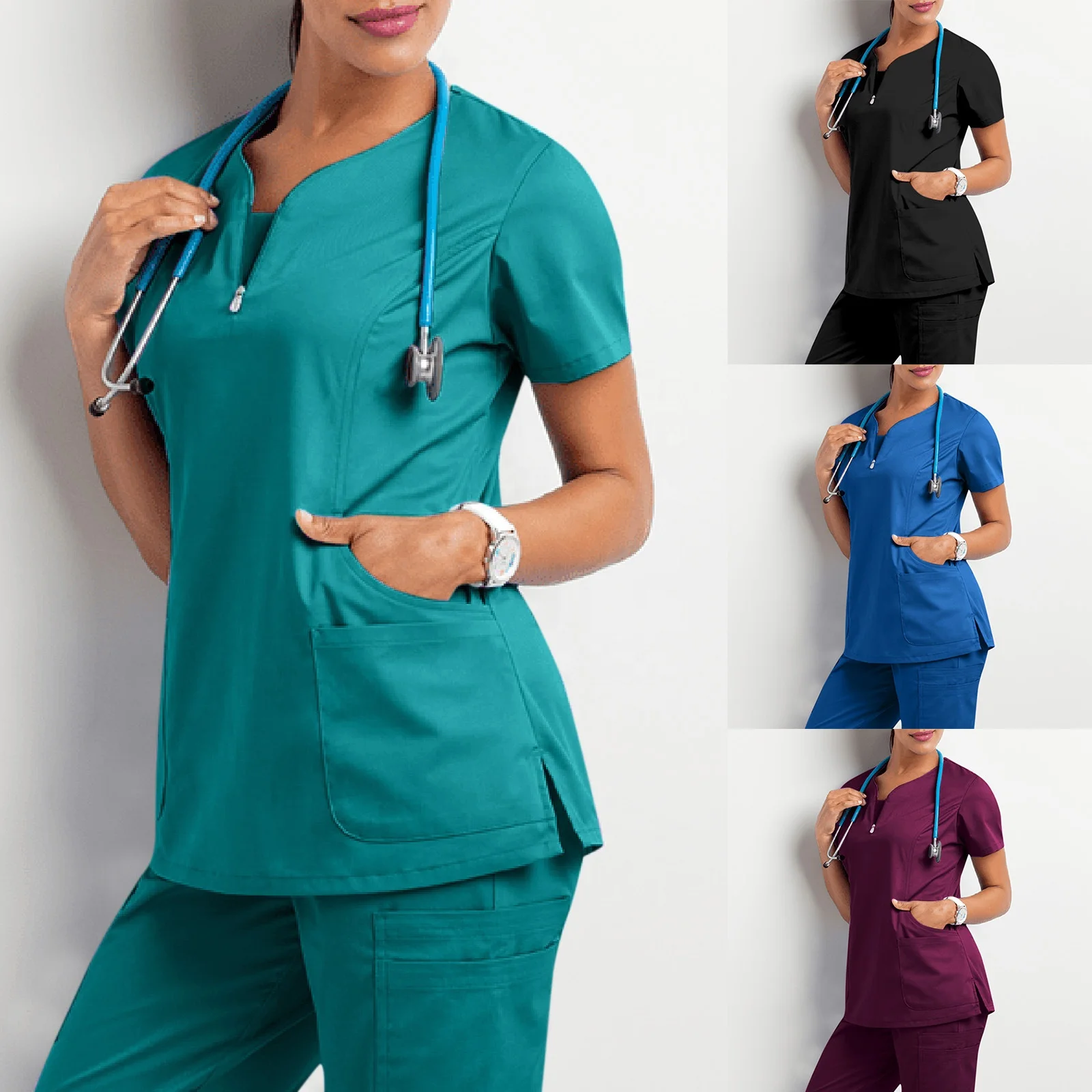 Wholesale Medical Unisex Care Workers V Neck Blouse with Pocket Short Sleeve Scrub Top V Neck Stretch Doctor Nurse Uniform