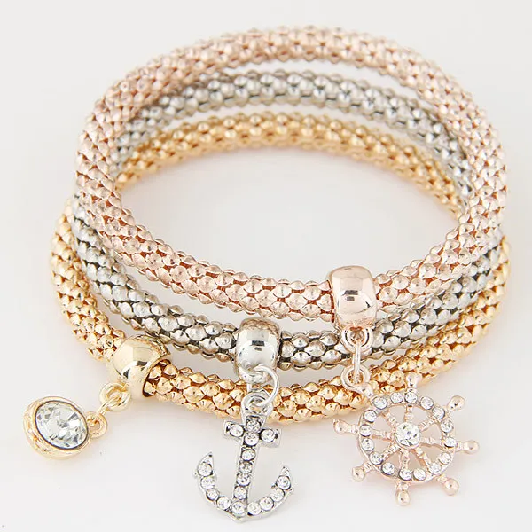 Fashion women Anchor Owl Butterfly LOCK  Pendant  bracelet Three-color corn chain Multi-layer bracelet