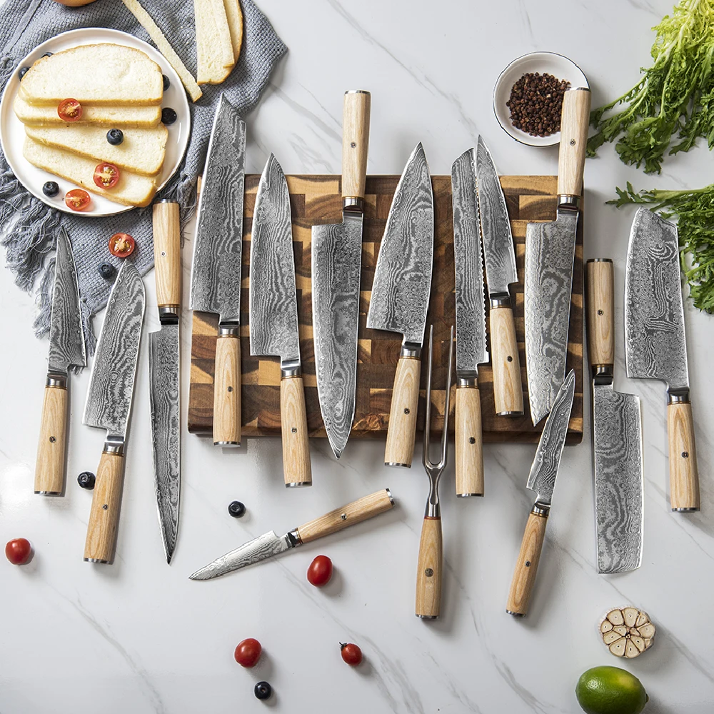 14Cr core S35VN powder  damascus steel 15 pcs kitchen knife set with pakka wood handle