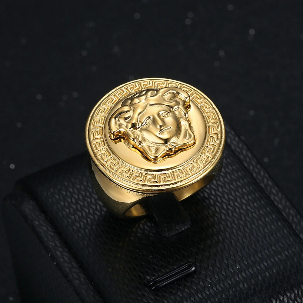 Wholesale Stainless Steel Greek Myth Face Ring For Men Jewelry Greek Medusa 18K Gold Plated Finger Ring Medusa Men Ring (SR010)