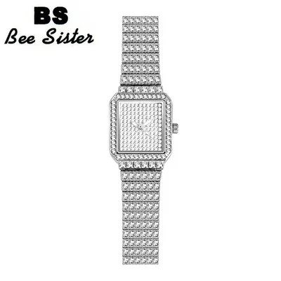 BS Full Diamond Quartz Women Silver Watches Luxury Brand Crystal Square Female Wristwatch Rhinestone Ladies Clock Montre Femme