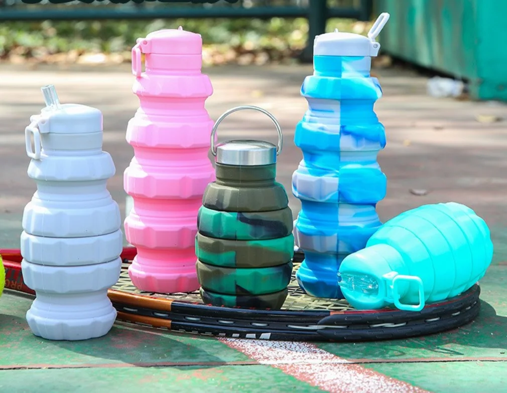 landmine shape Silicone Water Bottle Reusable Foldable Lightweight Leak Proof Bottle for Travel Gym Camping 17OZ with straw
