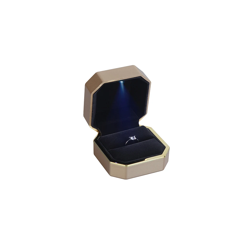 Led light ring box custom logo silkscreen printing gold plastic piano lacquer led jewelry box luxury pendant box