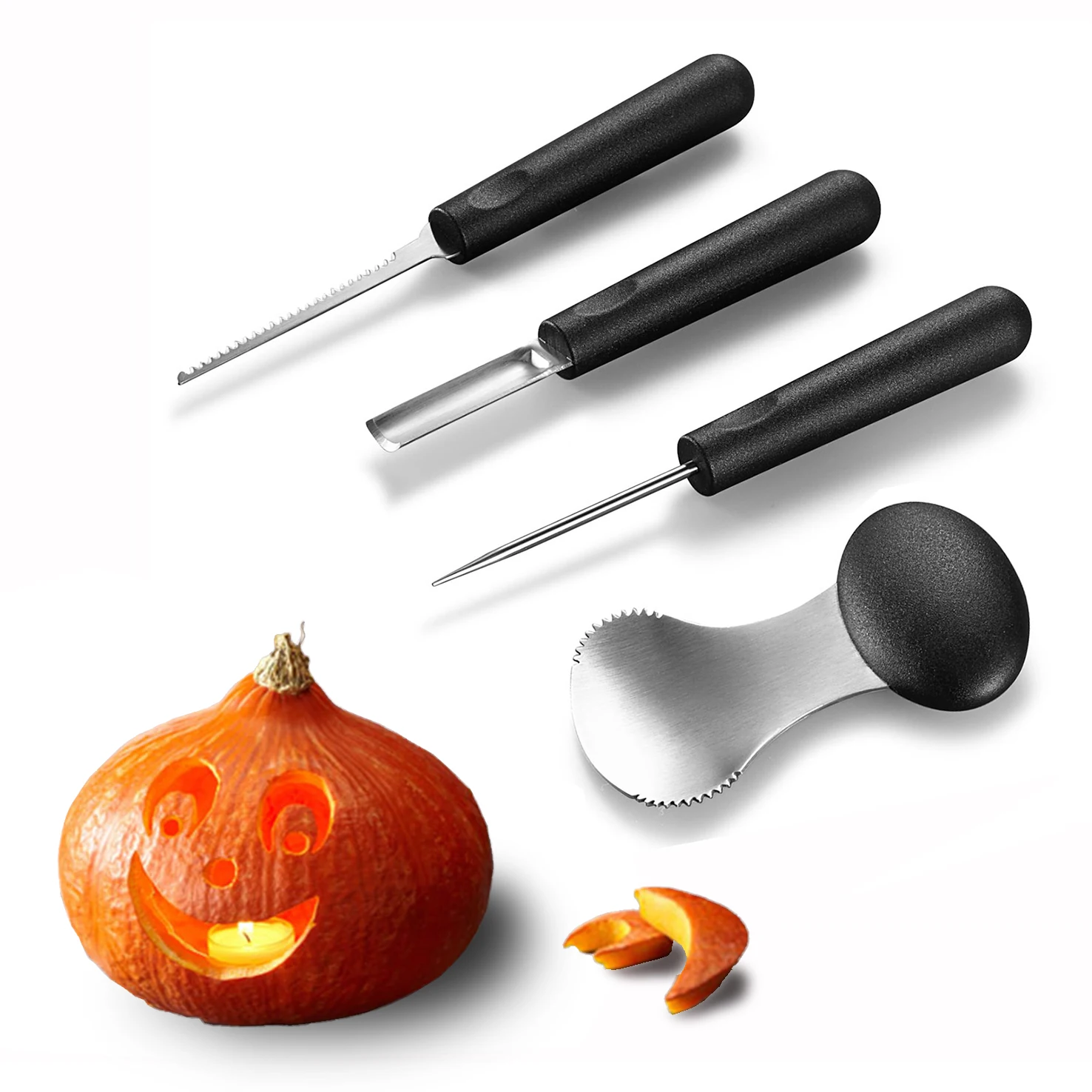E-PIN Stainless Steel 4Pcs Hallowmas Utensil Set Pumpkin Tools Set