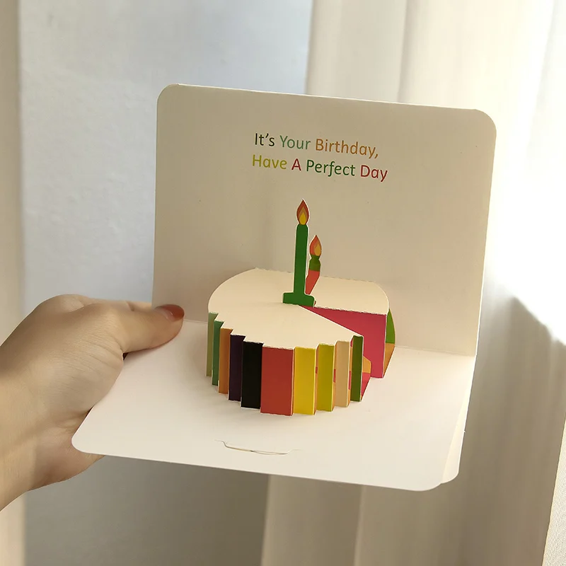 3D Birthday Cake decoration Folding Paper Greeting Card  Creative Engraving Three-dimensional Birthday Blessing Card