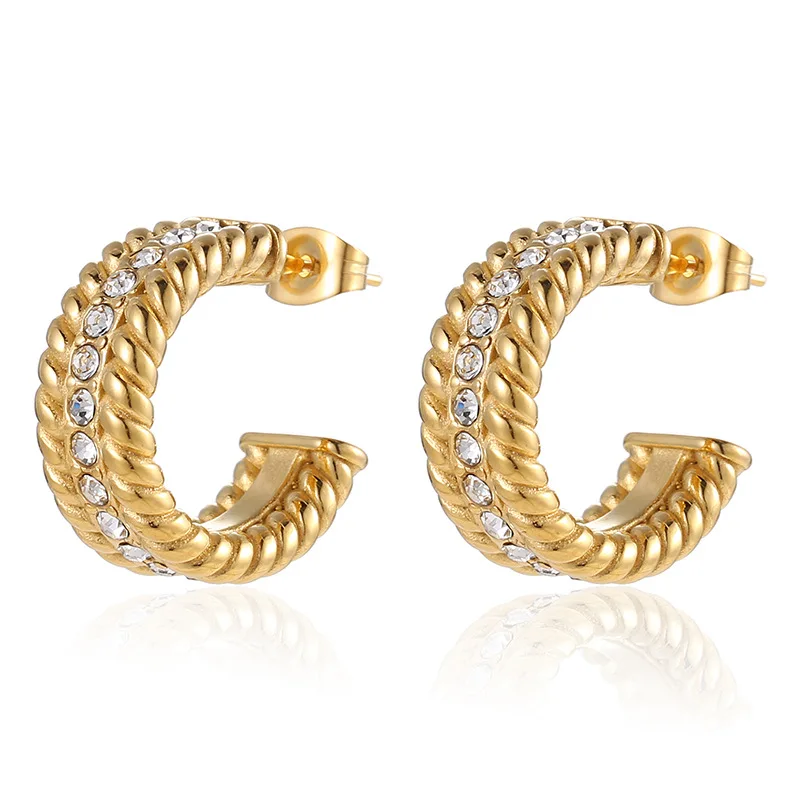 New Trendy Women Fashion Tarnish Free Waterproof Jewelry Wholesale 18K Gold Plated Stainless Steel Zircon Pave Hoop Earrings