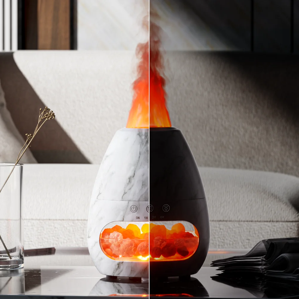 2023 New with LED Night Light Product Salt Stone diffuser 3D Flame Humidifier Marble Design Essential Oil Aroma Diffuser