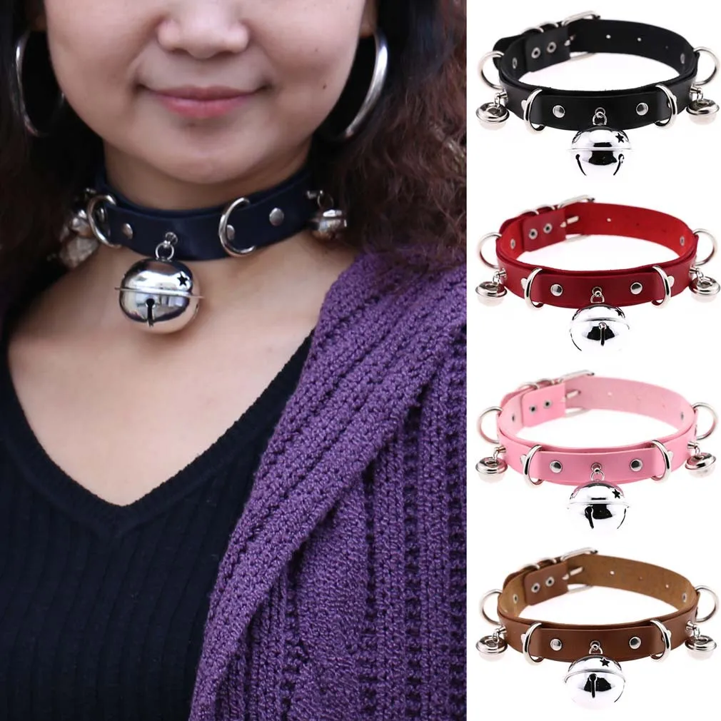 Black Leather Spike Rivet Stud bell Collar Choker Punk Rock Gothic Chokers chain Necklace