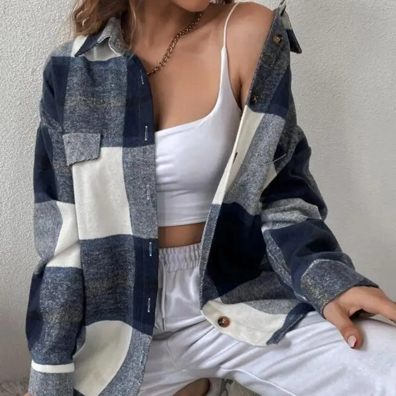 Vintage Women Clothing Latest Long Sleeve Loose Tops Pocket Button Up Plaid Coat