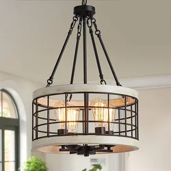 White oak and black metal finishes, suitable for bedroom, kitchen island, stairwell, country farmhouse 4 lamp chandelier