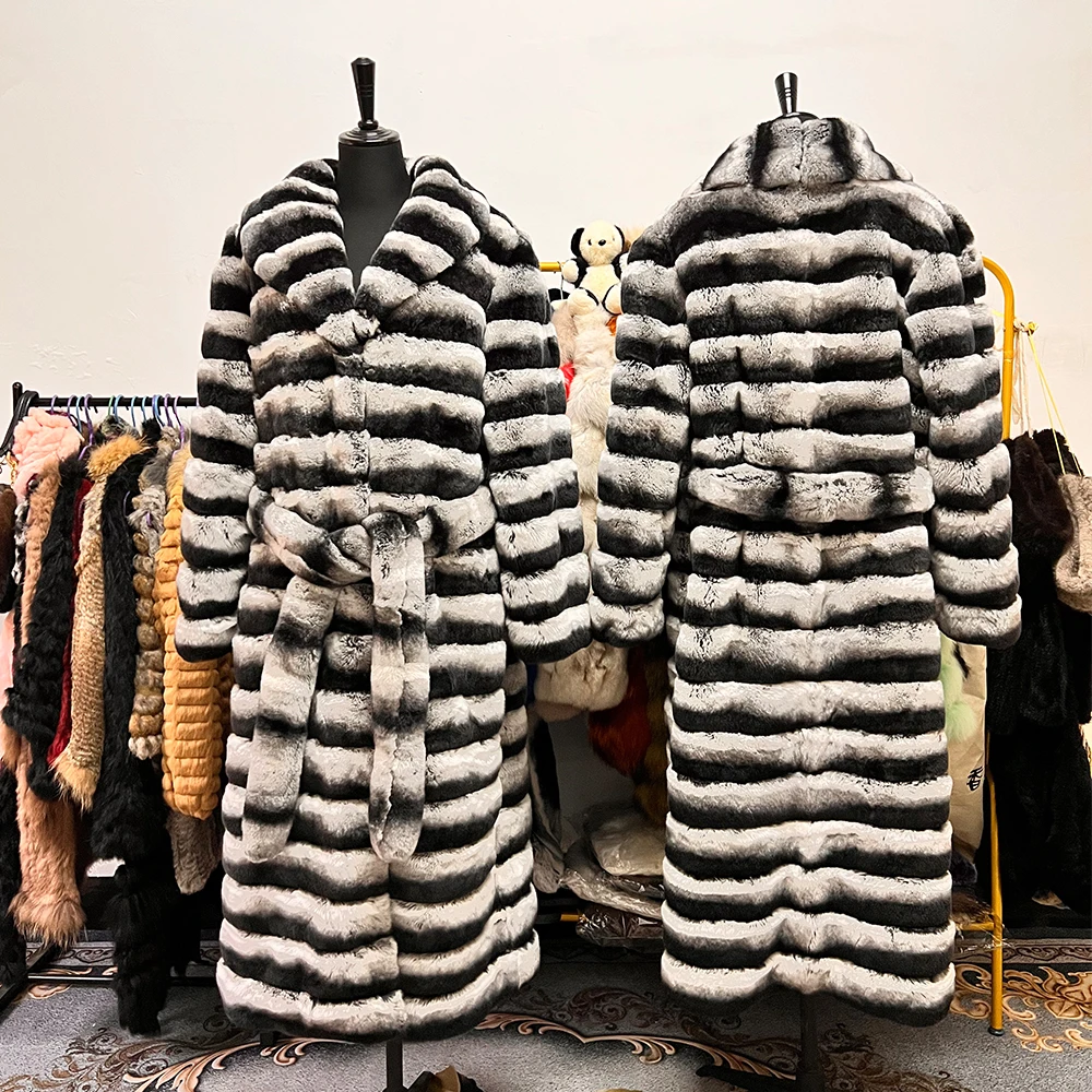 2024 women winter fashionable real rex rabbit fur long coat with belt bigger size trench fur coat chinchilla color