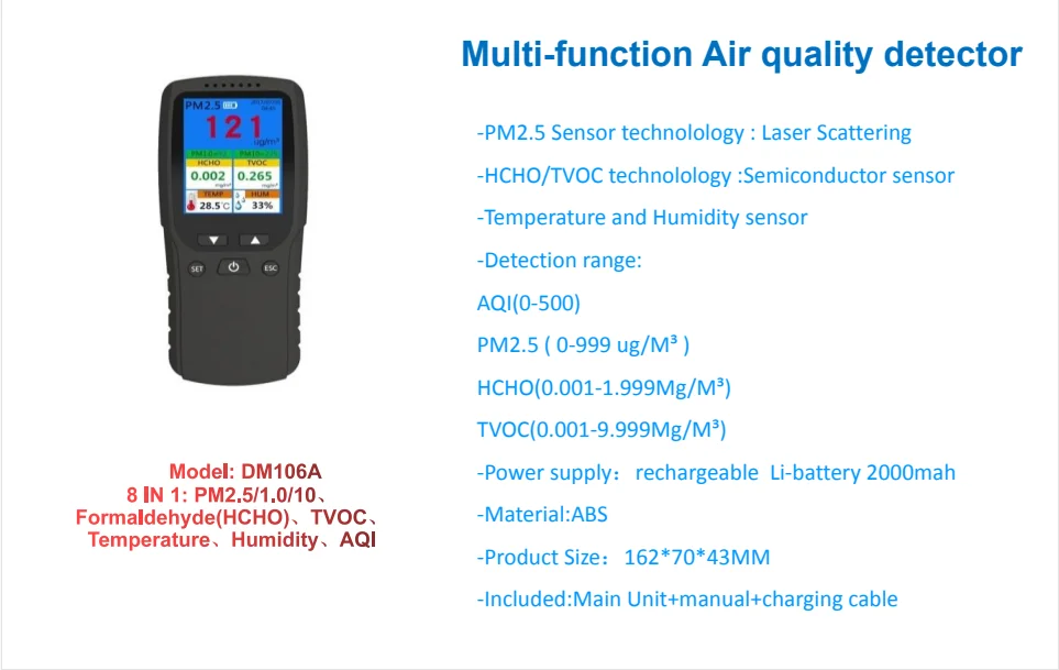 Dienmern High Quality Portable 8-in-1 Multi Gas Detector Handheld Device PM2.5 Temp TVOC HCHO Air Quality Monitor OEM Supported