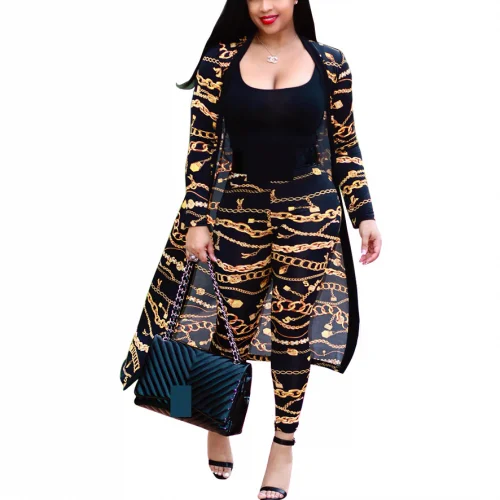 2 pcs clothes set suit outfits women fashion full sleeved gold chain print cloak and tights pants set Polyester Plus Size 535824